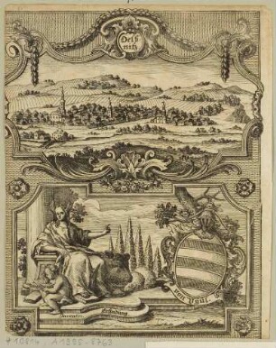 Stadtansicht von Oelsnitz im Vogtland, mit Allegorie der Inventio (Erfindung) und dem Wappen der Familie Phul, aus: Eckardtisches monathliches Tage-Buch