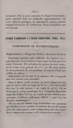 Examen d´admission a l´ecole forestière. Paris, 1851.
