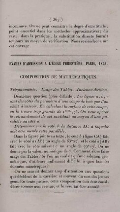 Examen d´admission a l´ecole forestière. Paris, 1851.
