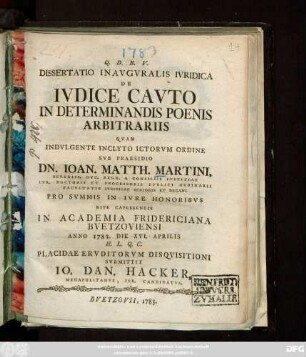 Dissertatio Inavgvralis Ivridica De Ivdice Cavto In Determinandis Poenis Arbitrariis