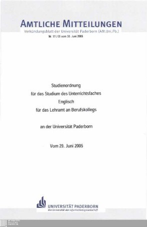 Studienordnung für das Studium des Unterrichtsfaches Englisch für das Lehramt an Berufskollegs an der Universität Paderborn : vom 29. Juni 2005