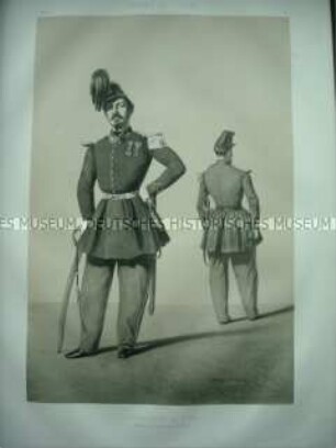 Uniformdarstellung, Offiziere des Jäger-Regiments zu Fuß in Parade- bzw. Kleiner Uniform, Frankreich, 1859. Tafel 14 im Buch: Armand-Dumaresq: Uniformes de l'Armée Française.