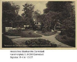 Reichelsheim im Odenwald, Gasthof und Pension 'Zum Schwanen' (Inhaber J. Treusch) / Teilansicht der Gartenterrassen mit Ruheplätzen