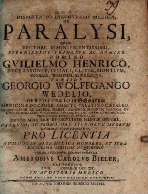 Dissertatio Inavgvralis Medica, De Paralysi