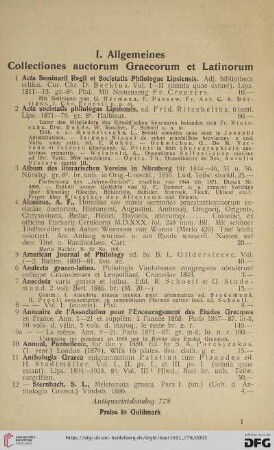 I. Allgemeines. Collectiones auctorum Graecorum et Latinorum (Nr. 1 - 207)