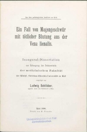 Ein Fall von Magengeschwür mit tötlicher Blutung aus der Vena lienalis