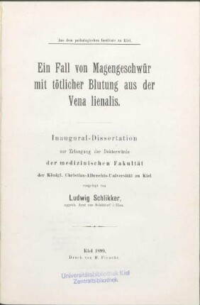 Ein Fall von Magengeschwür mit tötlicher Blutung aus der Vena lienalis