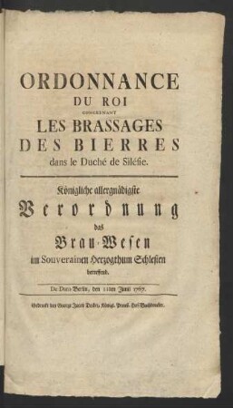 Ordonnance Du Roi Concernant Les Brassages Des Bierres dans le Duché de Silésie