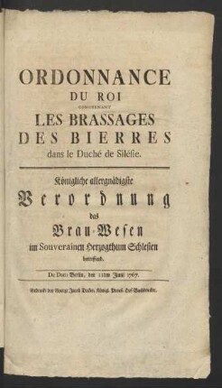Ordonnance Du Roi Concernant Les Brassages Des Bierres dans le Duché de Silésie