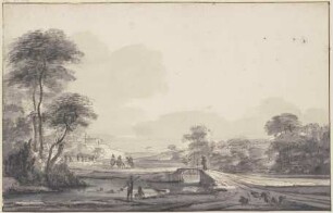 Landschaft mit Bach und Brücke, im Wasser Badende