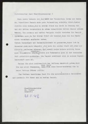 Brief von Gerhart Hauptmann an Werner Elsner an Liegnitz / Oberbürgermeister