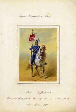 Standartenreiter des Dragoner-Regiments (Königin Olga) Nr. 25 in Uniform mit Zierhelm zu Pferd, in rechter Hand die Regimentsstandarte