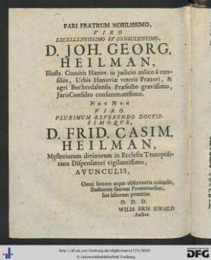 Pari Fratrum Nobilissimo, Viro Excellentissimo Et Consultissimo D. Joh. Georg. Heilman ...