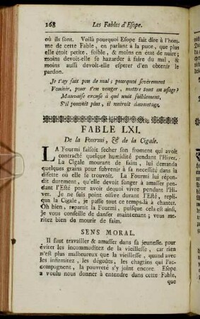 Fable LXI. De la Fourmi, & de la Cigale. - Ein und sechzigste Fabel. Die Ameiße, und die Heuschrecke. - Fable LXXIV. De l´Homme, & d´une Idole.
