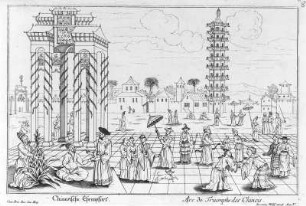 Chinesische Ehrenpforte : Wolff, Jeremias (1663-1724). Chinesische Ehrenpforte. Aus: Inventions chinoises III, Blatt 41. Kupferstich, 18,2 x 27,4 cm. Dresden: Kupferstich-Kabinett in Band 1156,2 (III)