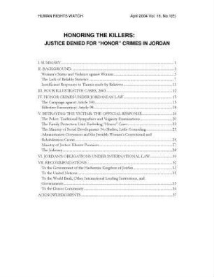 Honoring the killers : justice denied for "honor" crimes in Jordan