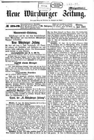 Neue Würzburger Zeitung. Morgenblatt. 1867,7/12 = Jg. 64