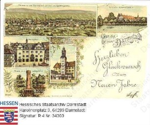 Darmstadt, Panorama und Einzelansichten / Panorama von der Ludwigshöhe aus gesehen; Schloss Kranichstein; Marktplatz; Glockenspiel im Schlosshof und Turm auf der Ludwigshöhe