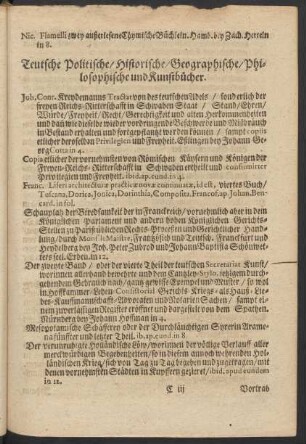 Teutsche Politische/ Historische/ Geographische/ Philosophische und Kunstbücher.