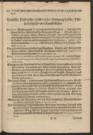 Teutsche Politische/ Historische/ Geographische/ Philosophische und Kunstbücher.