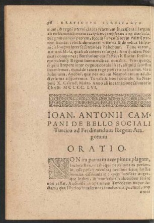 Joan. Antonii Campani De Bello Sociali Turcico ad Ferdinandum Regem Aragonum Oratio.