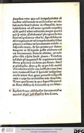 Explicit forma absolutionis sacramentalis venerabilis magistri Johannis Gerson. Deo laus.