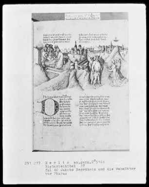 Historienbibel des Alten Testaments — Josephs Begräbnis und die Wehmütter vor Pharaoh, Folio 40recto