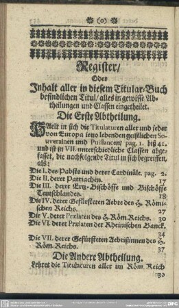 Register Oder Inhalt aller in diesem Titular-Buch befindlichen Titul, alles ij gewisse Abtheilungen und Classen eingetheilet