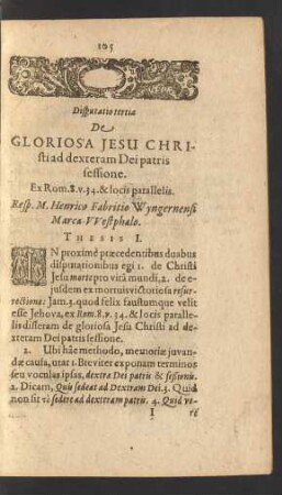Disputatio tertia De Gloriosa Jesu Christi ad dexteram Dei patris sessione.