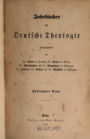 Jahrbücher für deutsche Theologie, 15. 1870