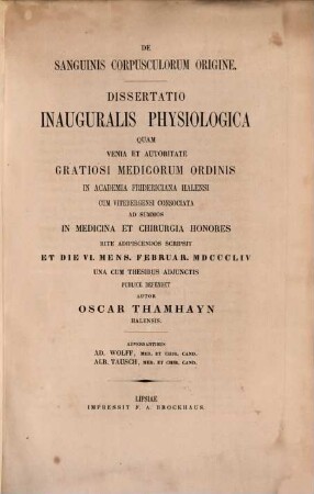 De sanguinis corpusculorum origine : Diss. inaug. physiol.