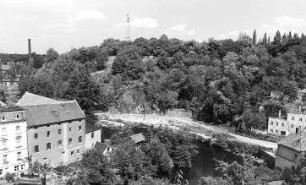 Bautzen. Hammermühle (links), Standort der gesprengten Strumpfwalke (Bildmitte)