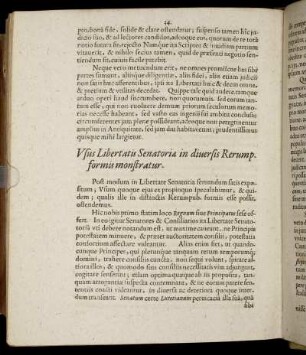 Usus Libertatis Senatoriæ in diuersis Rerump. formis monstratur.