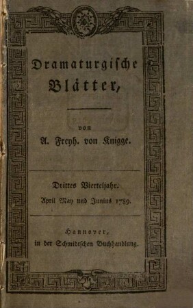 Dramaturgische Blätter, 3. 1789, April - Juni = Stück 25 - 26