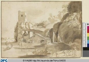 [Mühle (Gebäude) am Fluss mit arbeitenden Menschen]