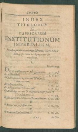 Index Titulorum seu Rubricarum Institutionum Imperialium, ...