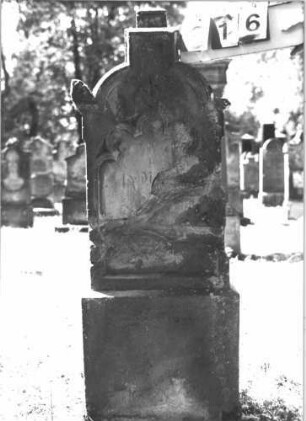 Grabstein 216 (Index: 99787382) Material: Sandstein Zustand: zerbrochen und repariert, sehr stark verwittert mit fast vollständigem Textverlust, Aufsatz fehlt Maße HxBxT: 131x47x15 cm Symbolik: geknickte (?) Rose: Grabstein 216