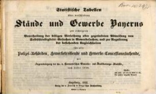 Statistische Tabellen über verschiedene Stände und Gewerbe Bayerns : zur richtigern Beurtheilung der billigen Verleihung oder gegründeten Abweisung von Selbstständigkeits-Gesuchen in Gewerbesachen, und zur Regulirung der bestehenden Ungleichheiten für alle Polizei-Behörden, Gewerbetreibenden und Gewerbe-Concessionssuchende ; mit Zugrundelegung der Dr. v. Hermann'schen Gewerbe- und Bevölkerungs-Statistik vom Jahre 1850