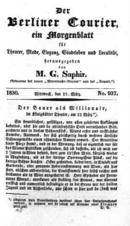 No. 937, Mittwoch, den 17. März 1830