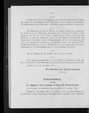 Bekanntmachung, betreffend die abgekürzte zweite juristische Prüfung für Kriegsteilnehmer