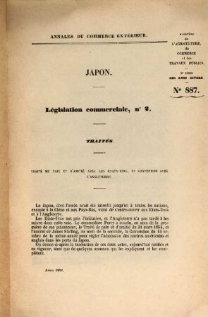 Annales du commerce extérieur. Japon. Législation commerciale. 1/7. 1847/66