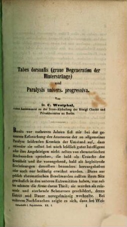 Allgemeine Zeitschrift für Psychiatrie und psychisch-gerichtliche Medizin : hrsg. von Deutschlands Irrenärzten. 20, 20. 1863