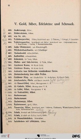 V. Gold, Silber, Edelsteine und Schmuck (Nr. 490-568)