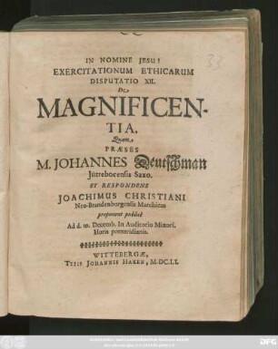 Exercitationum Ethicarum Disputatio XII. De Magnificentia