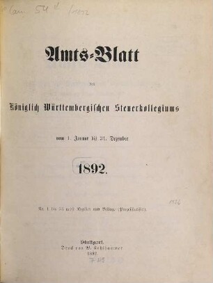Amtsblatt des Württembergischen Steuerkollegiums. 1892