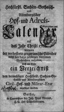 1762: Staatshandbücher für das Herzogtum Sachsen-Gotha