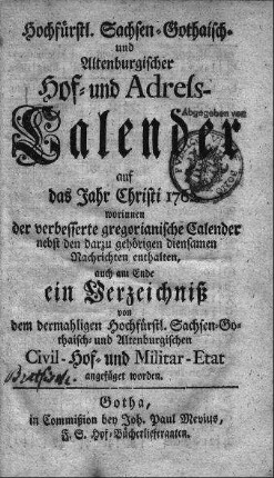 1762: Staatshandbücher für das Herzogtum Sachsen-Gotha