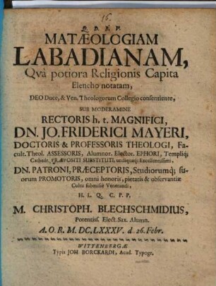 Mataeologiam Labadianam, Qva potiora Religionis Capita Elencho notatam