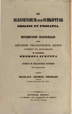 Peri tēs autochthonias tōn Albanōn ētoi Skipitar : = De Albanensium sive Schkipitar origine et prosapia