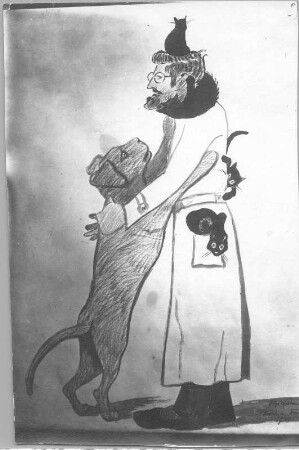Hans Richter mit drei Katzen und einem Hund : Hans Richter mit drei Katzen und einem Hund (Karikatur). Kohlezeichnung (um 1930; E. Richter). Dresden-Südvorstadt, Eisenstuckstraße, Atelier der Künstlerin